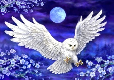 Moonlight White Owl - birds, blue, cherry blossoms, beautiful, paintings, colors, lovely, cool, moonlight, flowers, owl, moons, wings, love four seasons, draw and paint, animals