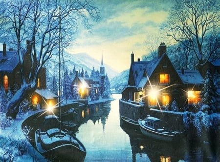 'Peaceful winter's night'..... - winter, sky, boats, peaceful