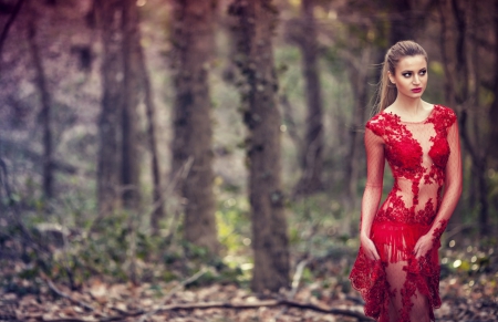 Lady in Red - woman, forest, red, dress