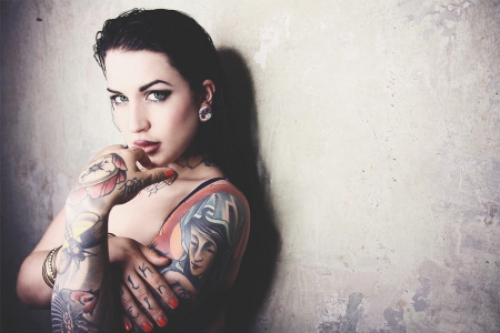 * - woman, tattoo, green eyes, model