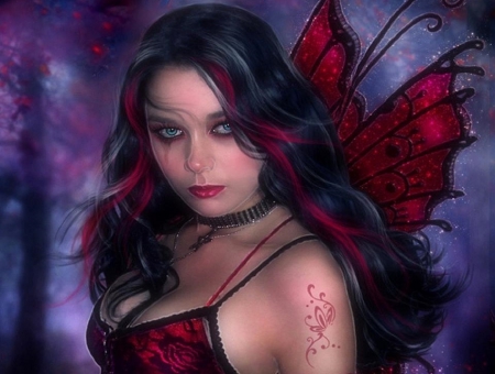 Dark Fairy - tattoo, creative pre-made, digital art, models, weird things people wear, photomanipulation, dark, fairies, girls, fantasy, red, wings, love four seasons