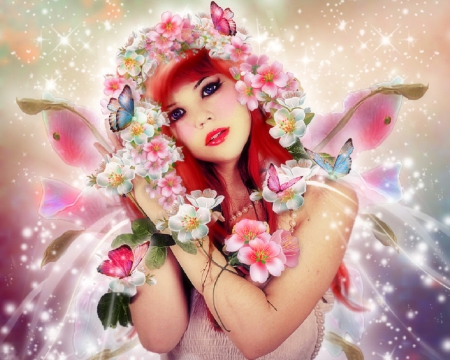 Valentines Glowing - girls, photomanipulation, models, redhead, wings, fantasy, creative pre-made, love four seasons, digital art, weird things people wear, beautiful, fairies, butterfly designs, beloved valentines, flowers, butterflies