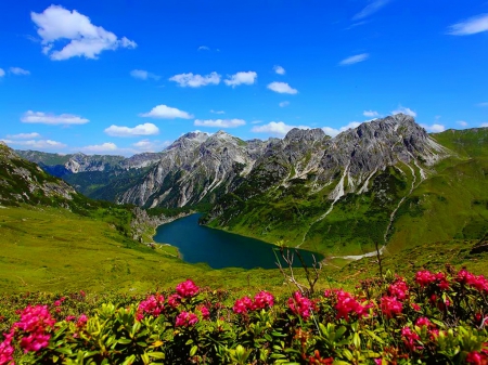 Mountain lake - lake, sky, freshness, mountain, lovely, rocks, nature, view, pretty, beautiful, flowers, grass, cliffs