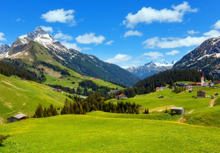 Alpine view - trees, hills, Alps, beautiful, grass, lovely, mountain, village, alpine, view, peaceful, sky