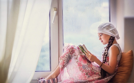 little girl - fun, people, belle, book, sightly, white, face, window, childhood, fair, prone, little, bonny, adorable, child, set, beautiful, pink, sweet, feet, nice, beauty, hat, photography, read, pretty, baby, cute, kid, dainty, girl, lovely, pure, comely, desktopnexus, blonde