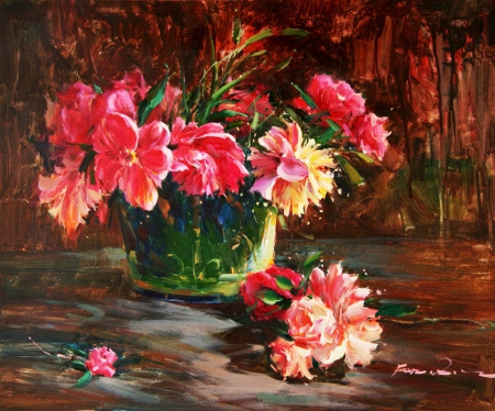 Red flowers - red, pink, flowers, vase, still life, nature