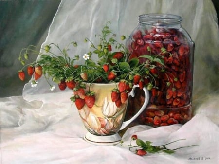 Still Life - jar, wild, still life, cup, strawberries