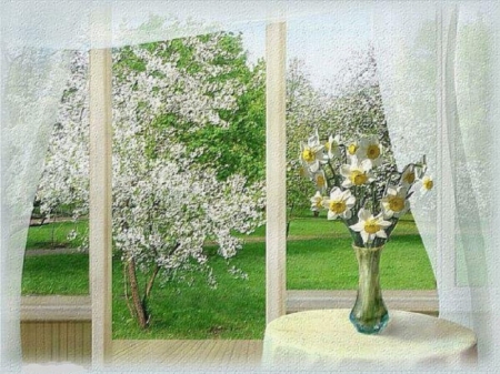 Spring Time - flowers, field, window, spring, vase, trees