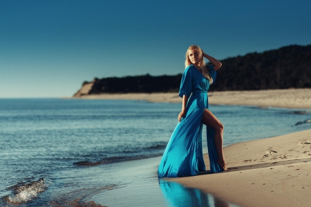 Blue is my World - blue, blnde, sea, model, dress