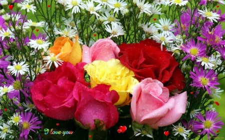 Love Flowers - daisies, valentine day, roses, yellow, red, pink