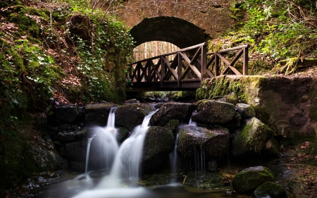 Waterfall under Bridge under Bridge - nature, bridge, waterfall, rocks