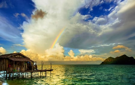 Sunrise Rainbow - clouds, beautiful, sea, sunrise, islands, rainbow, tropical, huts, sky