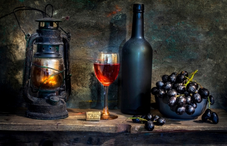 Still Life - lantern, glass, lamp, grapes, wine, still life