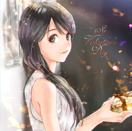 St Valentine's Day - pretty, anime, kawaii, female, dress, happy valentine, long hair, nice, valentine day, anime girl, realistic, beautiful, girl, present, beauty, happy valentine day, lovely, sweet, blouse, valentine, black hair, cute, adorable, gift