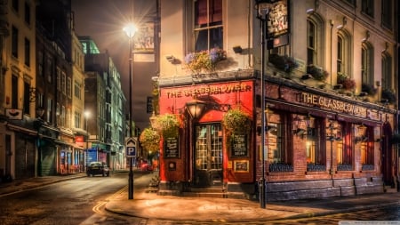 Pub on a London Street - pub, london, night, architecture, buildings