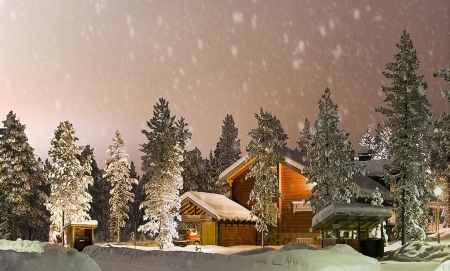 Snowing - winter, amazing, house, trees