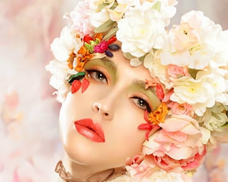 Pretty Face - flowers, face, artistic, woman