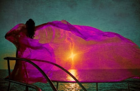 Pink Silhouette - woman, silhouette, veil, girl, photography, sun, scarf, fantasy, beautiful, pink, digital, sea, boat