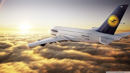 Airbus A-380 Lufthansa - Worlds largest passenger airliner, First flight 27 April 2005, Rolls-Royce Trent 900 engines, In June 2014 more than 65 million people had flown on A-380