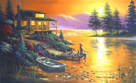 Boy Fishing at the Lake - fishing, boats, trees, cabins, lovely, cottages, lakes, nature, love four seasons, boy, beautiful, colors, paintings, flowers