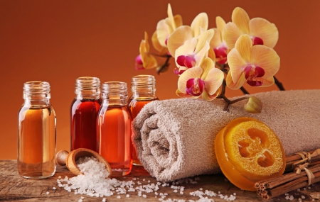 Aromatherapy - orchids, photography, salt, pretty, feelings, warmth, lovely, aromatherapy, soaps, love four seasons, cinnamon, beautiful, colors, spa, bottles, towels, flowers