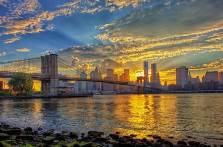 Brooklyn Bridge - new york, sky, brooklyn, beautiful, bridge, sunrise