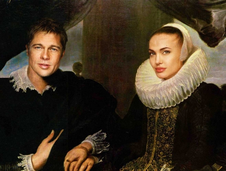 Angelina and Brad Renaissance Portrait - beautiful, portrait, brad pitt, girl, fantasy, digital, woman, renaissance, angelina jolie, art