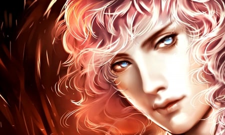 Valentine - guy, pink, orange, man, sakimichan, fantasy, valentine, face, art, blue eyes