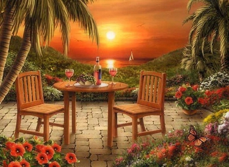 Romantic Sunset - summer, attractions in dreams, romantic, holidays, sunsets, flowers, wine, beloved valentines, garden, resorts, trees, beautiful, beaches, colors, lovely, nature, glasses, love four seasons