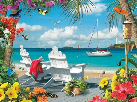 Seaside Getaway - seaside, beaches, sky, trees, chairs, clouds, garden, getaways, butterflies, attractions in dreams, boats, summer, lovely, nature, love four seasons, holidays, beautiful, flowers, colors