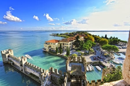 Scaligero Castle, Lake Garda - lake, travel, trees, italy, boats, tourism, fortress, beautiful, castle, rocca scaligera