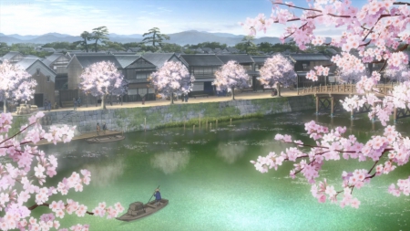 River Side - flower, boat, beautiful, blossom, village, cherry blossom, scenery, river, floral, stream, hakuouki, pretty, water, landscape, beauty, sweet, sakura, anime, sakura blossom, sky, building, nice, lovely, scene