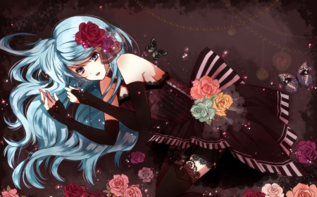 Where Am I? - elegance, flowers, anime, anime girl, elegant, butterflies, roses, gloves, flower in hair