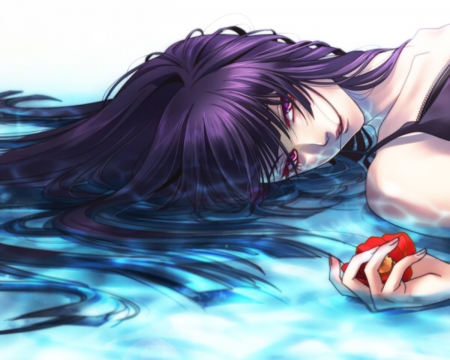 Drifted - realistic, beauty, nice, female, water, anime girl, laying, gorgeous, pretty, anime, maiden, lady, girl, wet, long hair, purple hair, lay, lovely, beautiful, sweet, flower