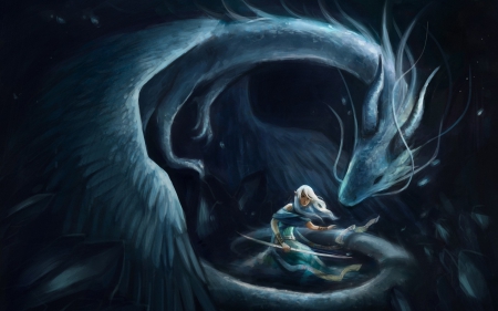 Girl and dragon - black, game, dark, girl, blue, art, fantasy, dragon, woman