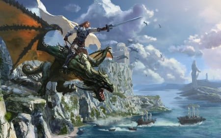 Knight and dragon - cloud, sword, ship, blue, knight, art, sky, fantasy, dragon, sea, guy, man