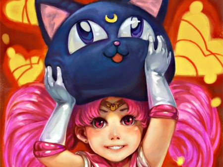 Chibiusa - k-bose, cat, girl, crescent moon, child, black, sailor moon, chibiusa, yellow, pink, red, anime, luna, manga