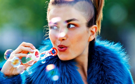 Andreea Diaconu - blue, girl, fur, romanian, woman, model, bubbles, femeie, Andreea Diaconu