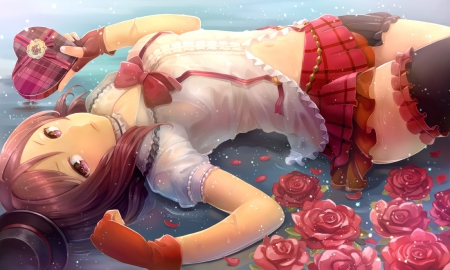 ...... Chocolate? - pretty, anime, kawaii, female, blossom, dress, happy valentine, short hair, nice, miniskirt, anime girl, laying, red rose, skirt, water, hot, girl, present, wet, lovely, brown hair, sweet, flower, blouse, valentine, rose, cute, adorable, gift, floral, sexy, lay