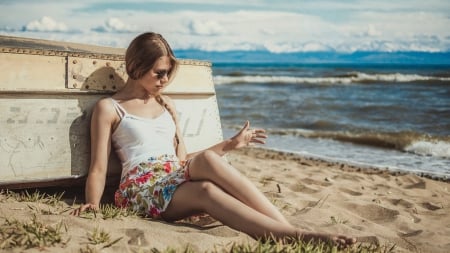 Girl on the beach. - blonde, with, skirt, woman