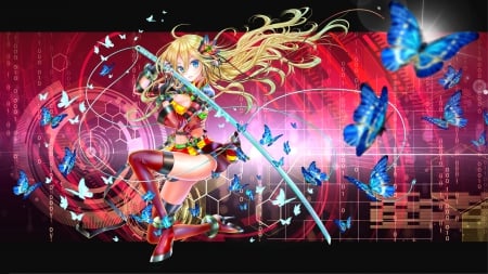 Brains Geist - pretty, anime, vocaloid, female, blue, blonde, blond hair, long hair, gorgeous, red, blond, hd, nice, abstract, anime girl, beautiful, hot, girl, sword, blonde hair, beauty, lovely, sweet, lily, blade, cg, angelic, butterfly, sexy, vocaloids