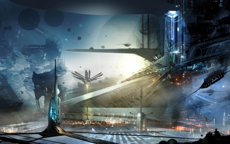 Space Port City - graphics, 3D rendering, futuristic, urban city, 3D