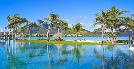 Paradise Beach - bungalows, swimming pool, summer, beach, beautiful, sea, island, travel, grass, resort, Bora Bora, tropical, palm trees, paradise, mountains