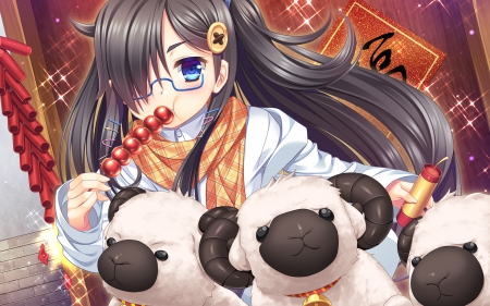 Sugar n Sheep - pretty, anime, kawaii, food, lamb, long hair, eat, oriental, sheep, hd, yummy, nice, anime girl, delisious, hungry, beautiful, girl, chinese, beauty, lovely, brown hair, sweet, chinese new year, cg, scarf, glasses, new year, black hair, eating, cute, adorable