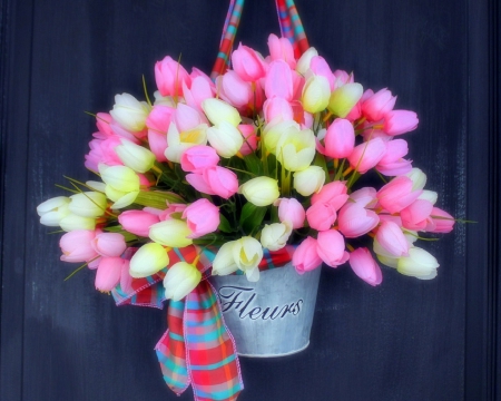 Valentine's Tulips - tulips, basket, lovely, spring, nature, love four seasons, valentines, pretty, door, beautiful, holiday, colors, beloved valentines, flowers, wreaths