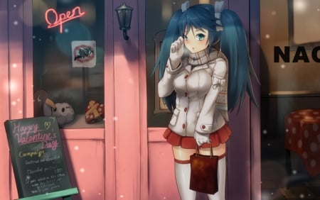 To Valentine - anime, twin tail, kawaii, female, twintail, scene, snow, shopping, kantai collection, bag, long hair, kantai, blue hair, hd, shop, twin tails, anime girl, winter, twintails, girl, cg, valentine, cute, adorable, building