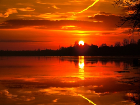 River sunset - summer, amazing, beautiful, lovely, light, reflection, orange, glow, river, sunset, fiery, lake, sky