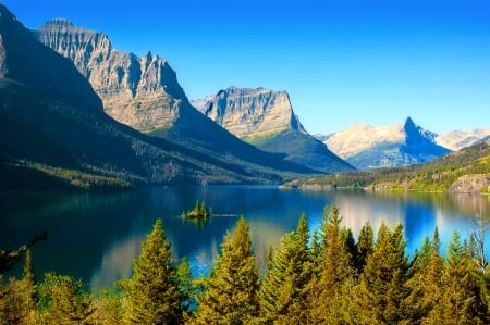 St. Mary's lake- Glacier NP - trees, national park, rocks, view, calmness, reflection, glacier, cliffs, lake, landscape, hills, saint mary, summer, peaks, serenity, tranquility, beautiful