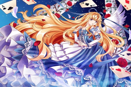 Blue Dream - pretty, wonderland, blue, orginal, angel, long hair, cards, wings, alice