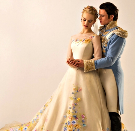 Lily James and Richard Madden - actor, Richard Madden, blue, dress, girl, Lily James, man, Cinderella, fantasy, woman, movie, princess, couple, disney, prince charming